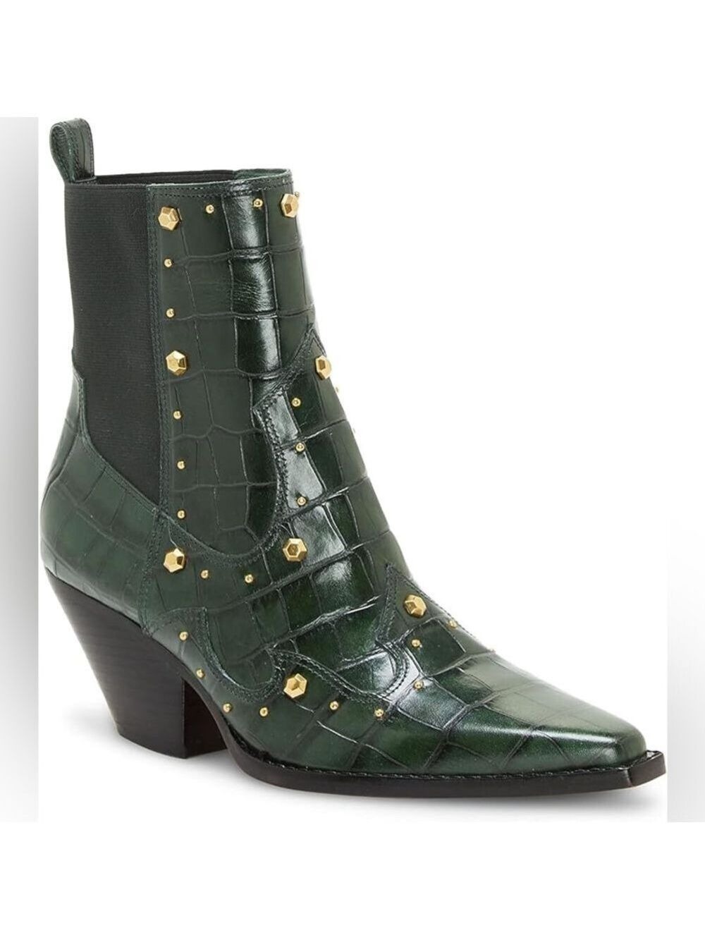 NWOB Vince Camuto Norley Western Ankle Boot Green Croc Embossed Gold Studs 6